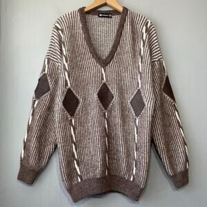 Vintage Size Medium Leather Mohair Wool Eclectic Grandpa Sweater 80s Preppy